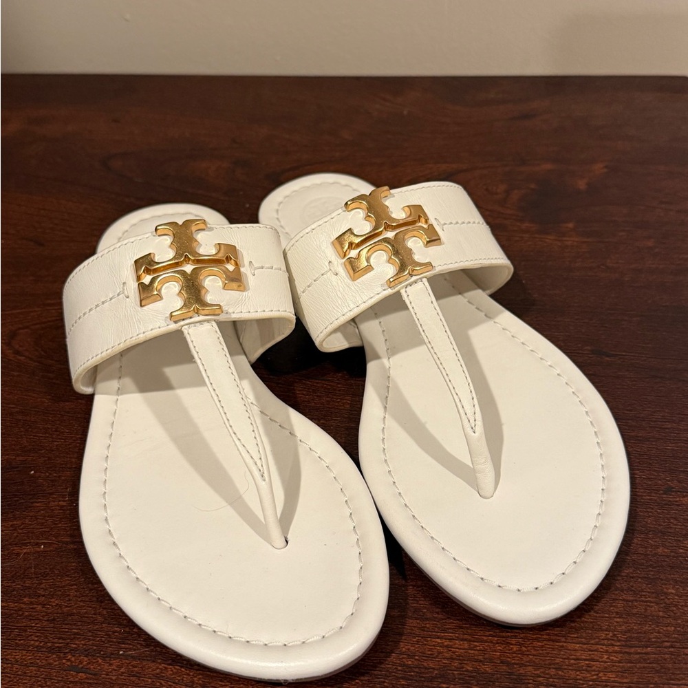 Tory Burch White Thong Sandals with Gold Logo Accent
